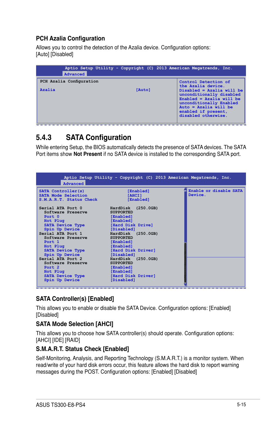 3 sata configuration, Sata controller(s) [enabled, Sata mode selection [ahci | S.m.a.r.t. status check [enabled, Pch azalia configuration | Asus TS300-E8-PS4 User Manual | Page 97 / 170