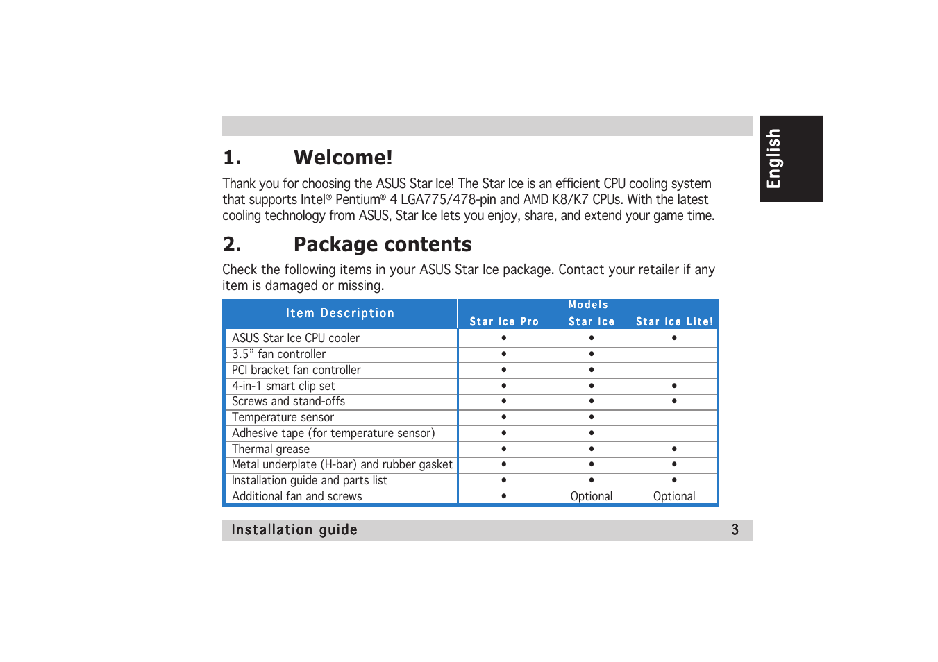 Welcome, Package contents, Englishenglishenglishenglishenglish | Asus Star Ice User Manual | Page 3 / 22
