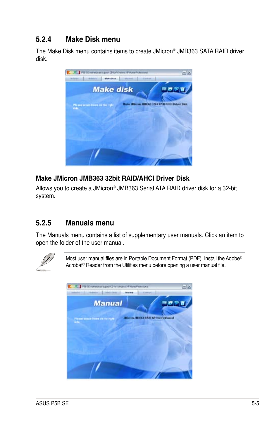 4 make disk menu, 5 manuals menu | Asus P5B SE User Manual | Page 103 / 136