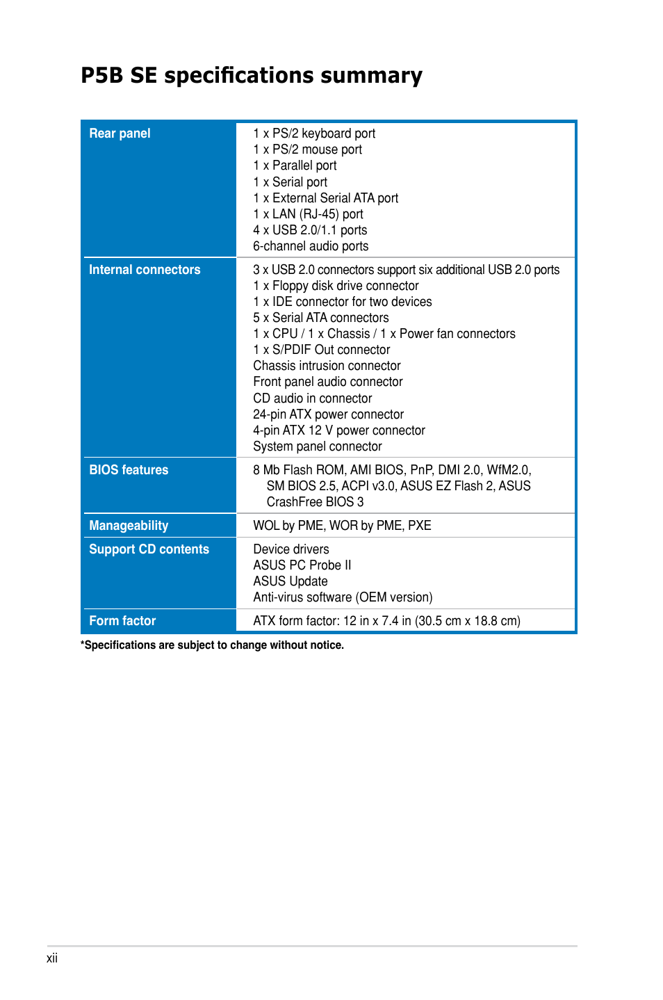 P5b se specifications summary | Asus P5B SE User Manual | Page 12 / 136