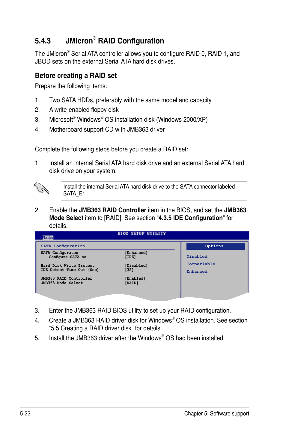 3 jmicron, Raid configuration, Before creating a raid set | Asus P5B SE User Manual | Page 120 / 136