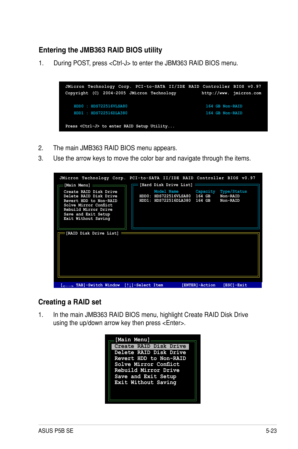 Entering the jmb363 raid bios utility, Creating a raid set | Asus P5B SE User Manual | Page 121 / 136