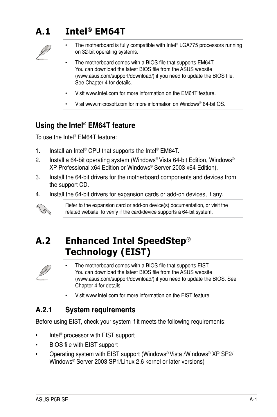 A.1 intel, Em64t, A.2 enhanced intel speedstep | Technology (eist), Using the intel, Em64t feature, A.2.1 system requirements | Asus P5B SE User Manual | Page 133 / 136