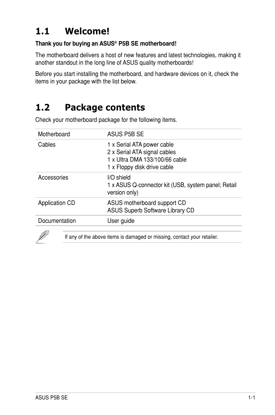 1 welcome, 2 package contents | Asus P5B SE User Manual | Page 15 / 136