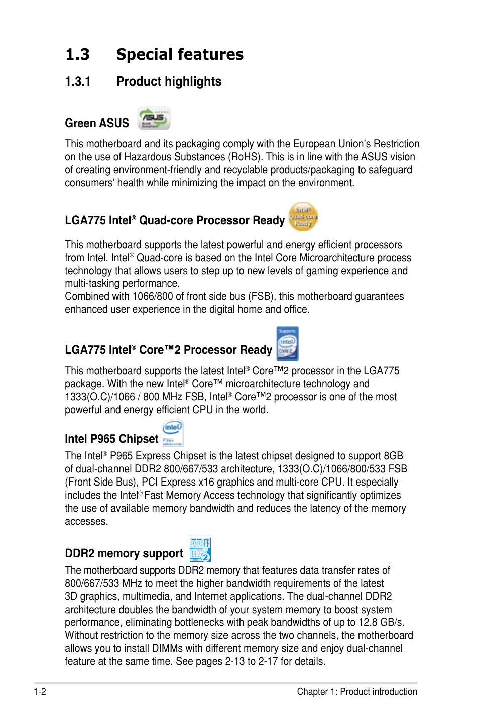 3 special features, 1 product highlights, Green asus | Lga775 intel, Quad-core processor ready, Core™2 processor ready, Intel p965 chipset | Asus P5B SE User Manual | Page 16 / 136