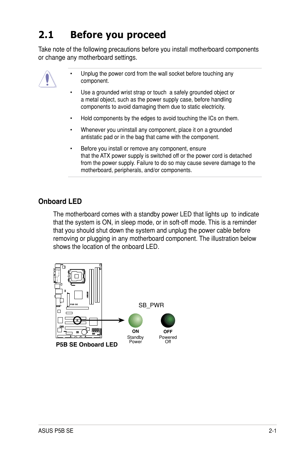 1 before you proceed, Onboard led | Asus P5B SE User Manual | Page 21 / 136