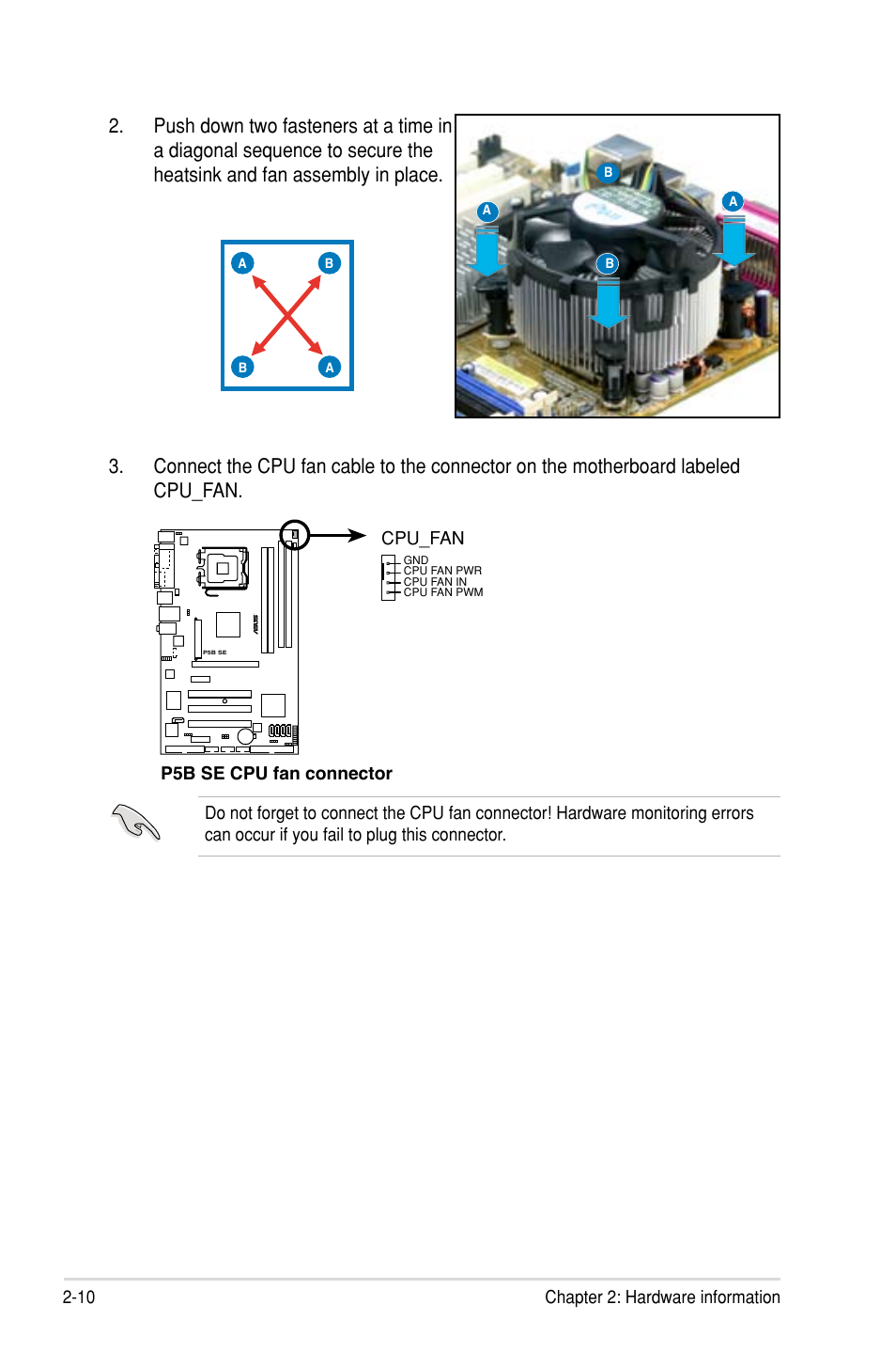 10 chapter 2: hardware information, P5b se cpu fan connector cpu_fan | Asus P5B SE User Manual | Page 30 / 136