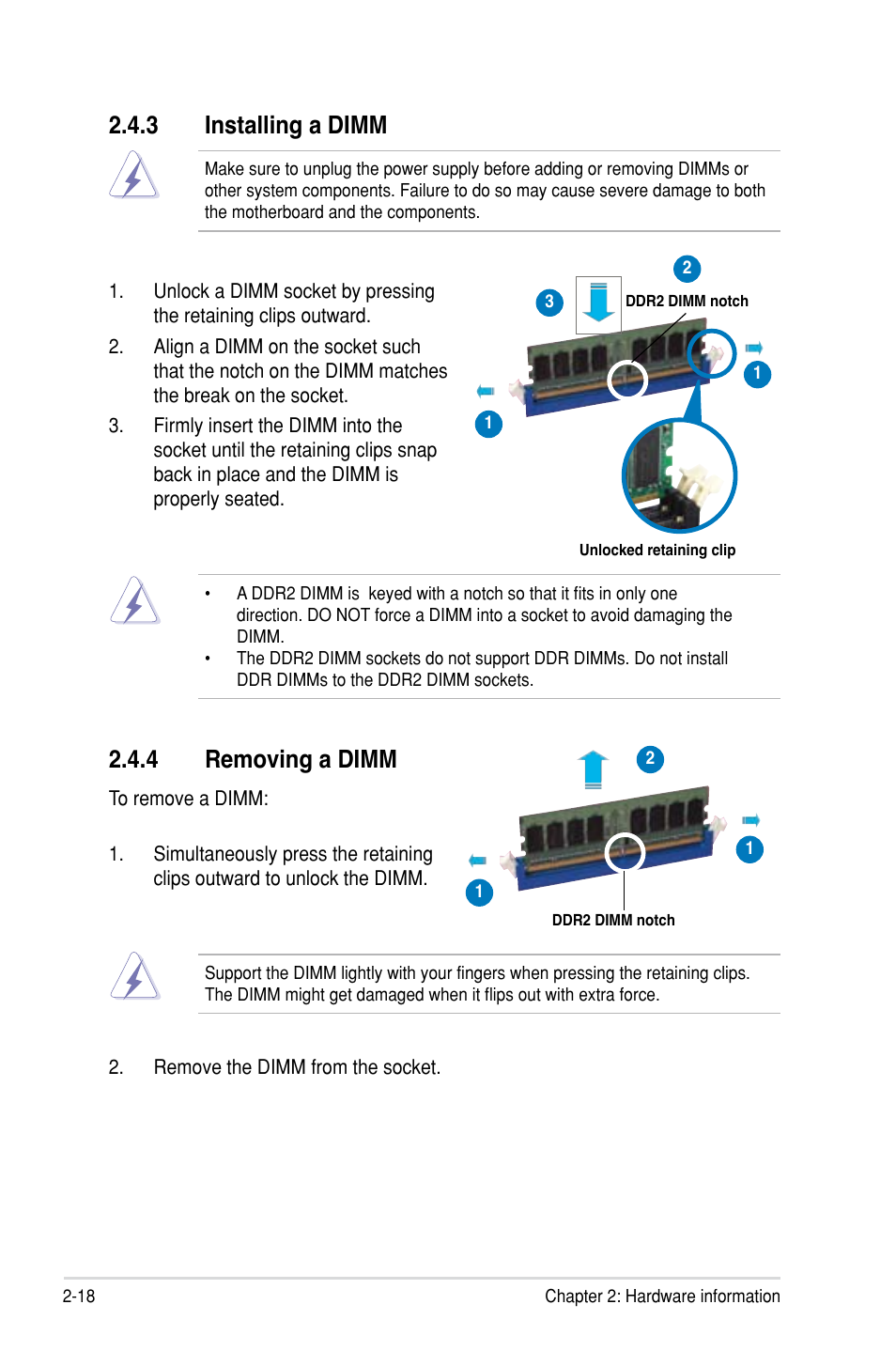 3 installing a dimm, 4 removing a dimm | Asus P5B SE User Manual | Page 38 / 136