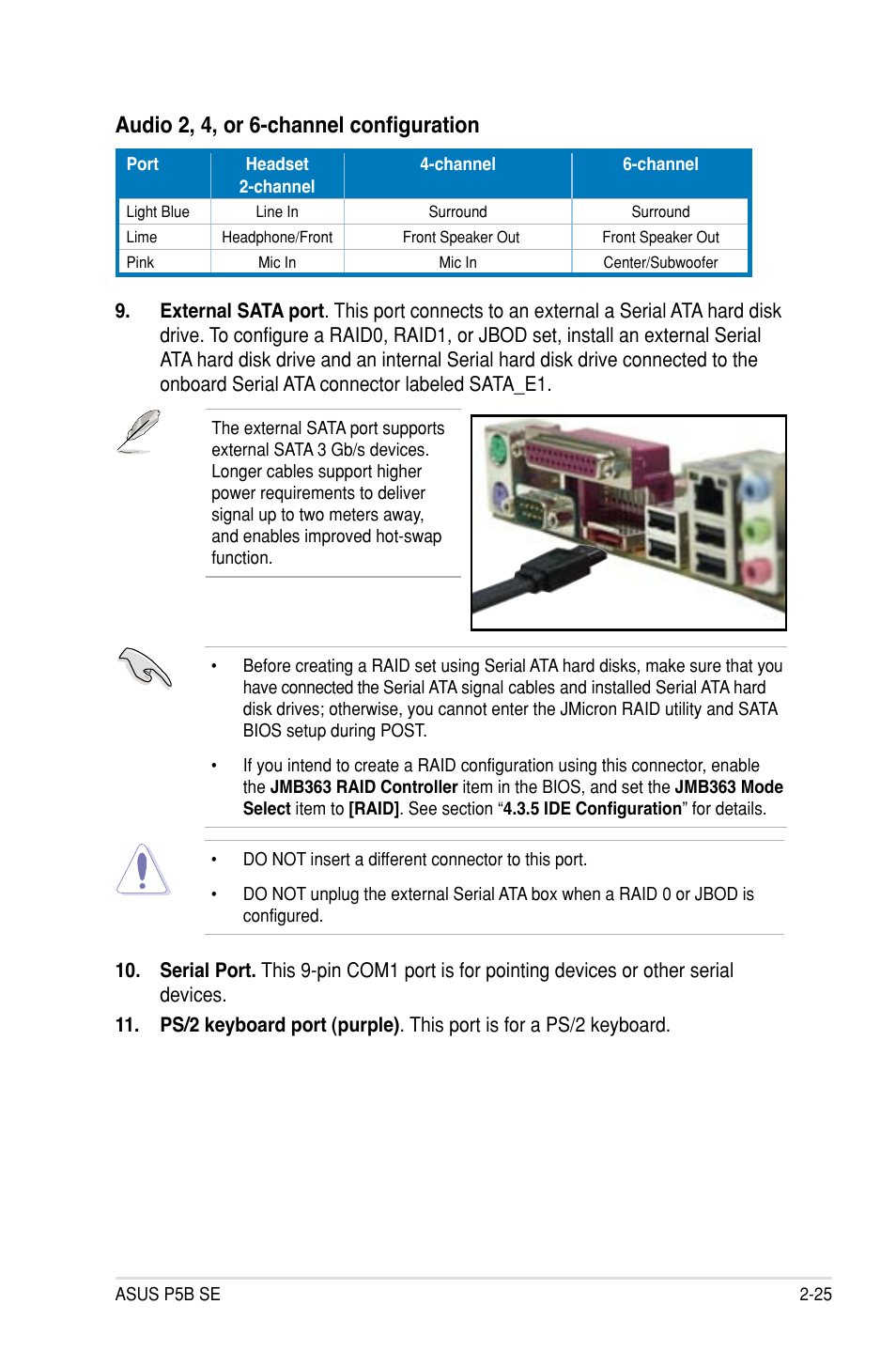 Audio 2, 4, or 6-channel configuration | Asus P5B SE User Manual | Page 45 / 136