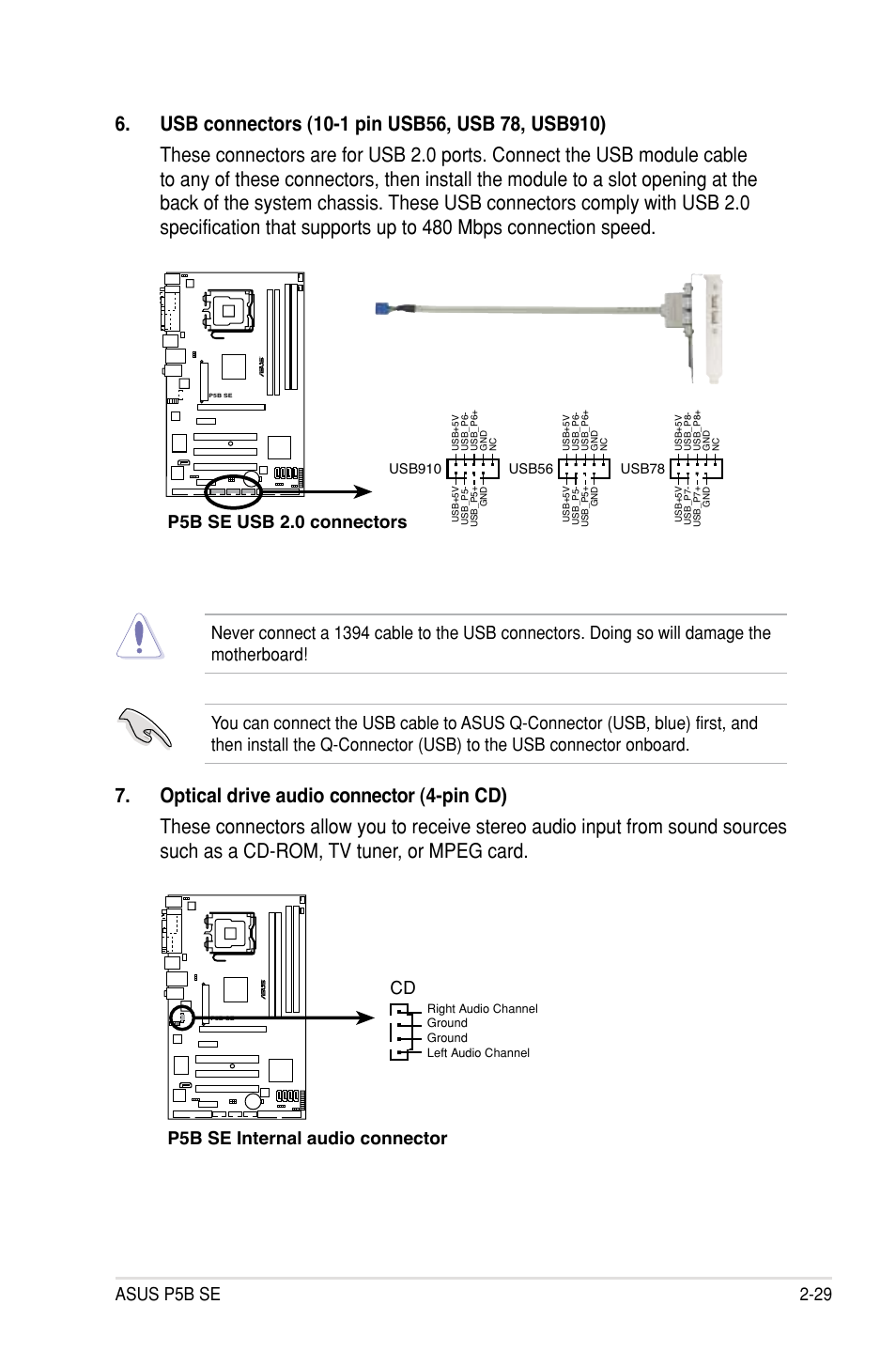 Asus p5b se 2-29, P5b se usb 2.0 connectors, P5b se internal audio connector cd | Usb910, Usb56, Usb78 | Asus P5B SE User Manual | Page 49 / 136