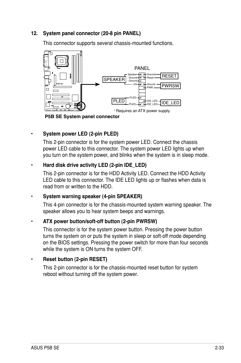 Asus p5b se 2-33, P5b se system panel connector, Panel | Asus P5B SE User Manual | Page 53 / 136