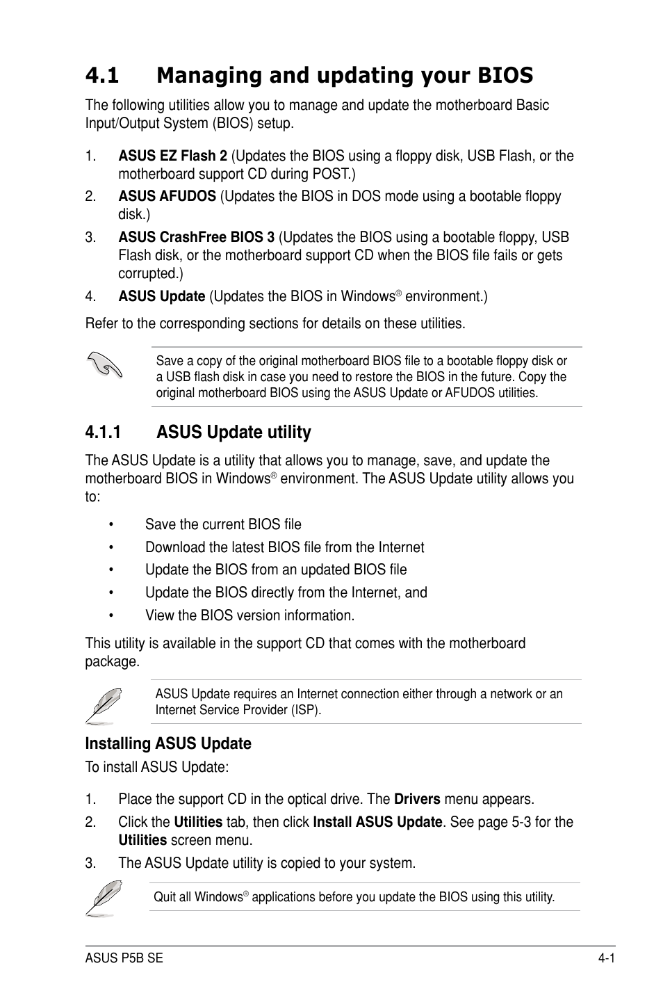 1 managing and updating your bios, 1 asus update utility | Asus P5B SE User Manual | Page 61 / 136