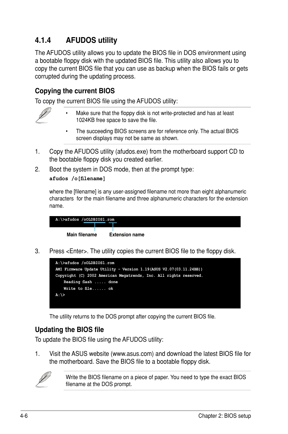 4 afudos utility, Copying the current bios, Updating the bios file | Asus P5B SE User Manual | Page 66 / 136