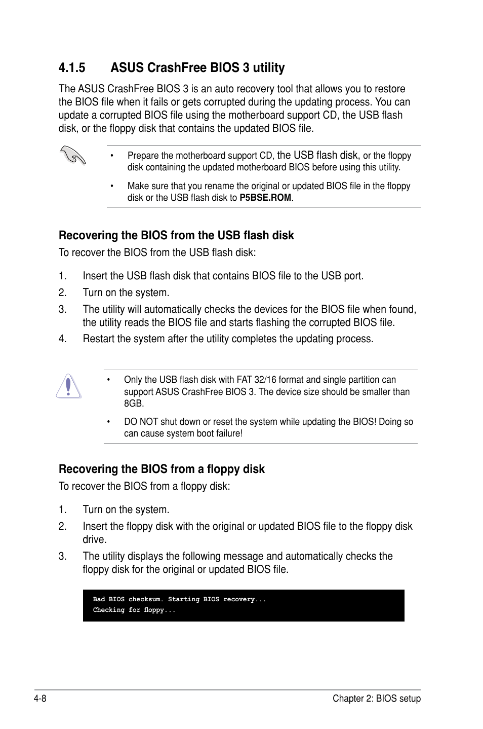 5 asus crashfree bios 3 utility, Recovering the bios from the usb flash disk, Recovering the bios from a floppy disk | Asus P5B SE User Manual | Page 68 / 136