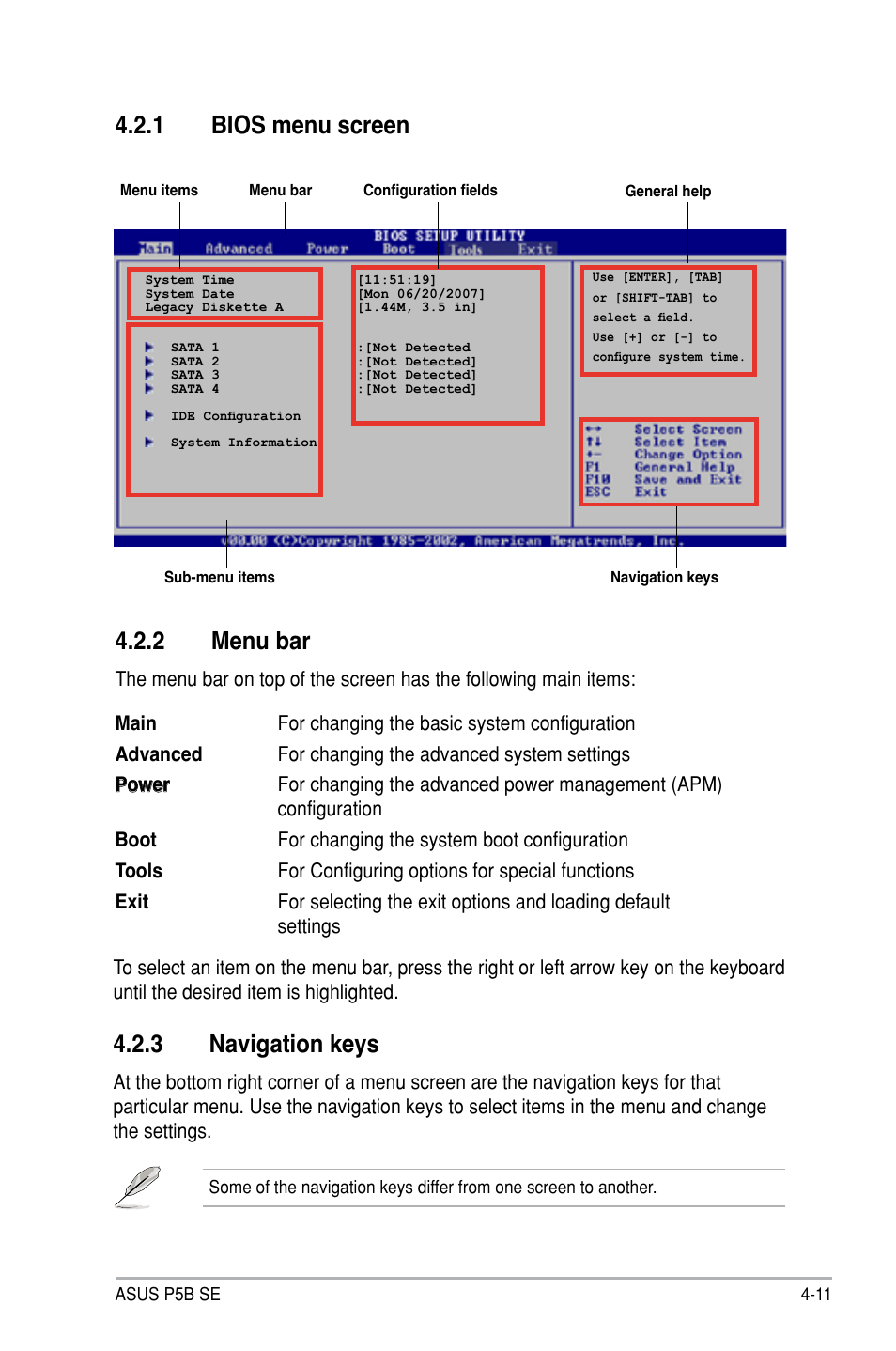 2 menu bar, 1 bios menu screen, 3 navigation keys | Asus P5B SE User Manual | Page 71 / 136