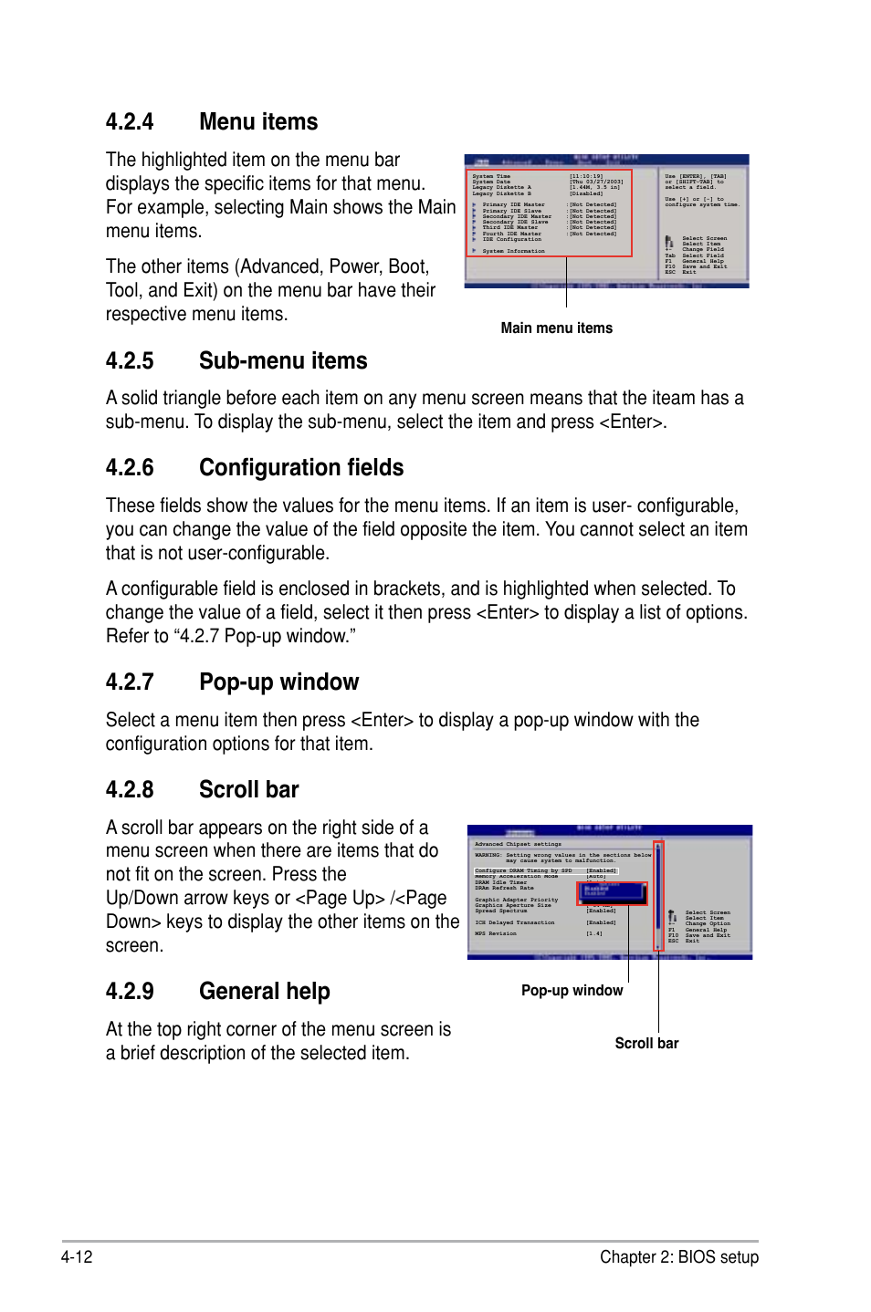 4 menu items, 5 sub-menu items, 6 configuration fields | 7 pop-up window, 8 scroll bar, 9 general help, 2 chapter 2: bios setup, Main menu items scroll bar, Pop-up window | Asus P5B SE User Manual | Page 72 / 136