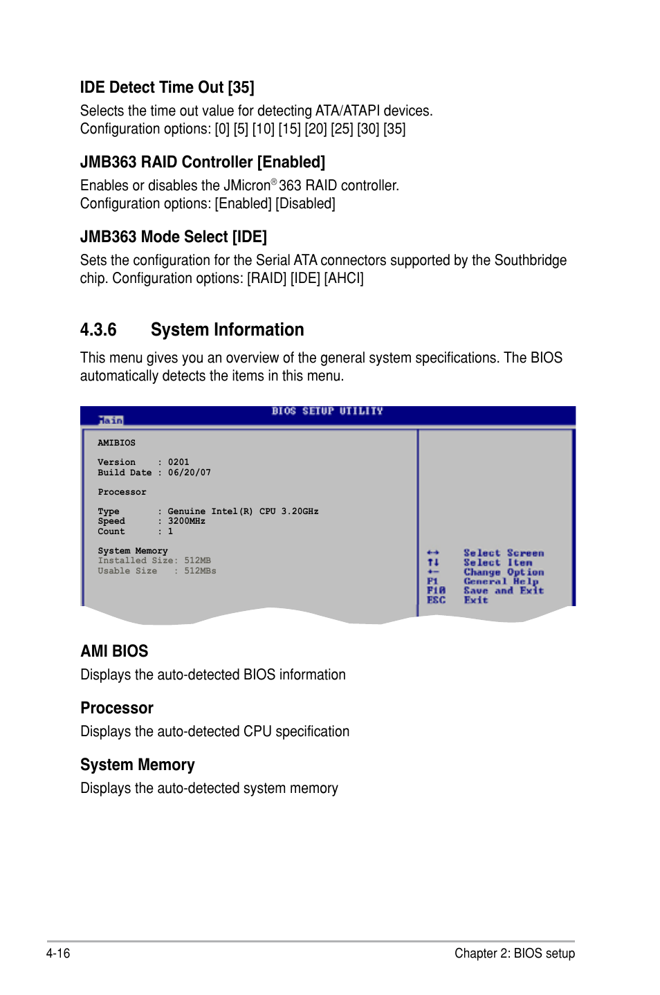 6 system information, Ami bios, Processor | Ide detect time out [35, Jmb363 raid controller [enabled, Jmb363 mode select [ide | Asus P5B SE User Manual | Page 76 / 136