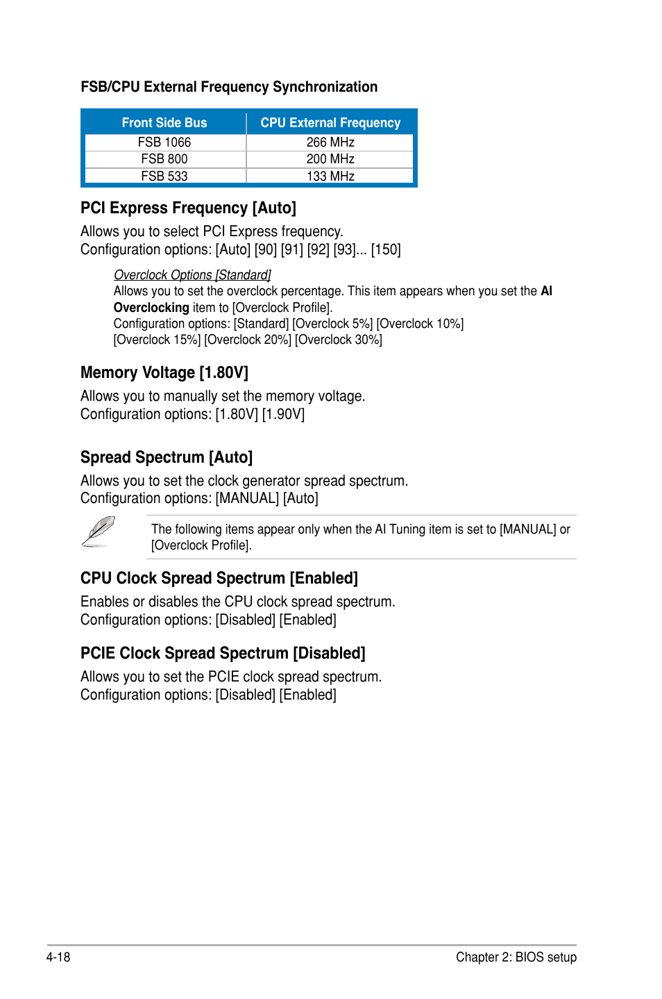 Pci express frequency [auto, Spread spectrum [auto, Cpu clock spread spectrum [enabled | Pcie clock spread spectrum [disabled | Asus P5B SE User Manual | Page 78 / 136