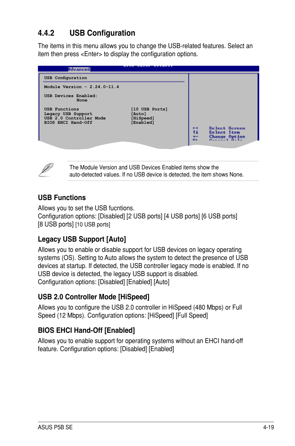 2 usb configuration, Usb functions, Legacy usb support [auto | Usb 2.0 controller mode [hispeed, Bios ehci hand-off [enabled | Asus P5B SE User Manual | Page 79 / 136