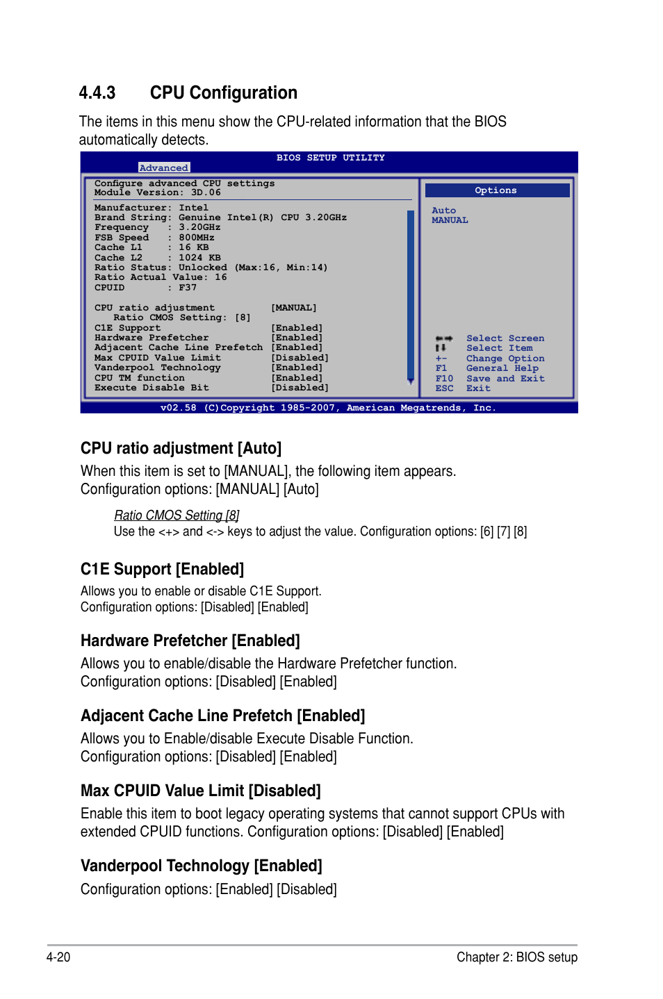 3 cpu configuration, Cpu ratio adjustment [auto, C1e support [enabled | Hardware prefetcher [enabled, Adjacent cache line prefetch [enabled, Max cpuid value limit [disabled, Vanderpool technology [enabled, Configuration options: [enabled] [disabled | Asus P5B SE User Manual | Page 80 / 136