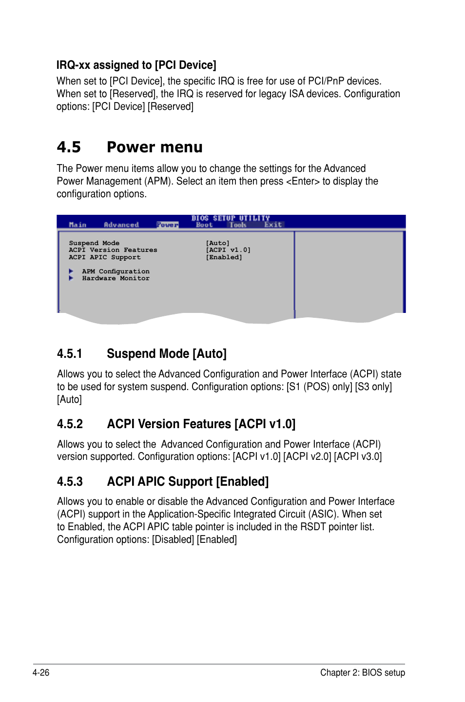 5 power menu, 1 suspend mode [auto, 2 acpi version features [acpi v1.0 | 3 acpi apic support [enabled | Asus P5B SE User Manual | Page 86 / 136