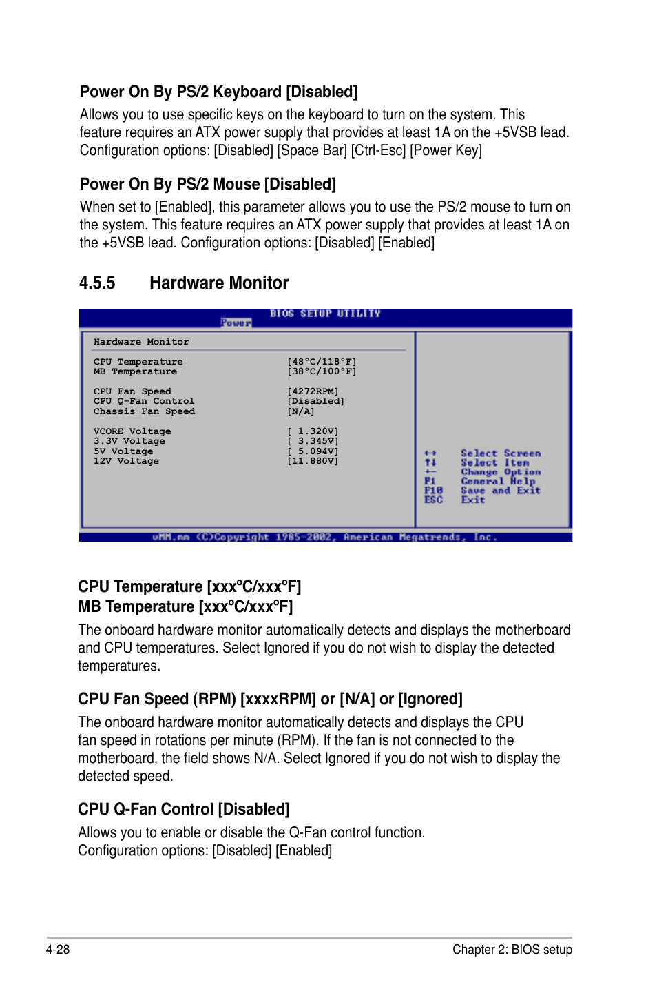 5 hardware monitor, Power on by ps/2 keyboard [disabled, Power on by ps/2 mouse [disabled | Cpu q-fan control [disabled | Asus P5B SE User Manual | Page 88 / 136