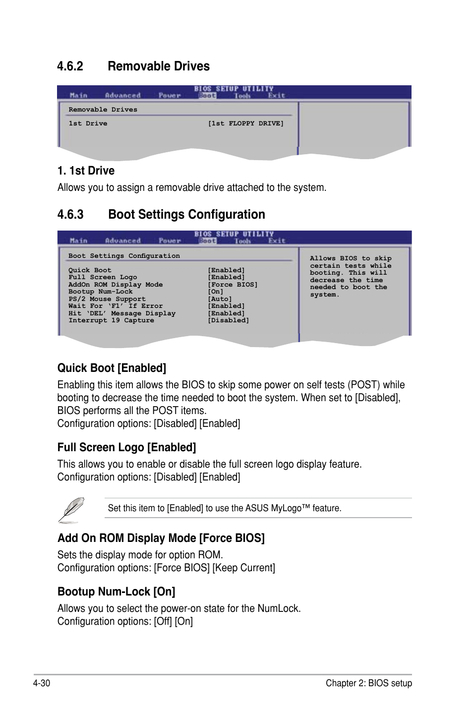 3 boot settings configuration, 2 removable drives, Quick boot [enabled | Full screen logo [enabled, Add on rom display mode [force bios, Bootup num-lock [on, 1st drive | Asus P5B SE User Manual | Page 90 / 136