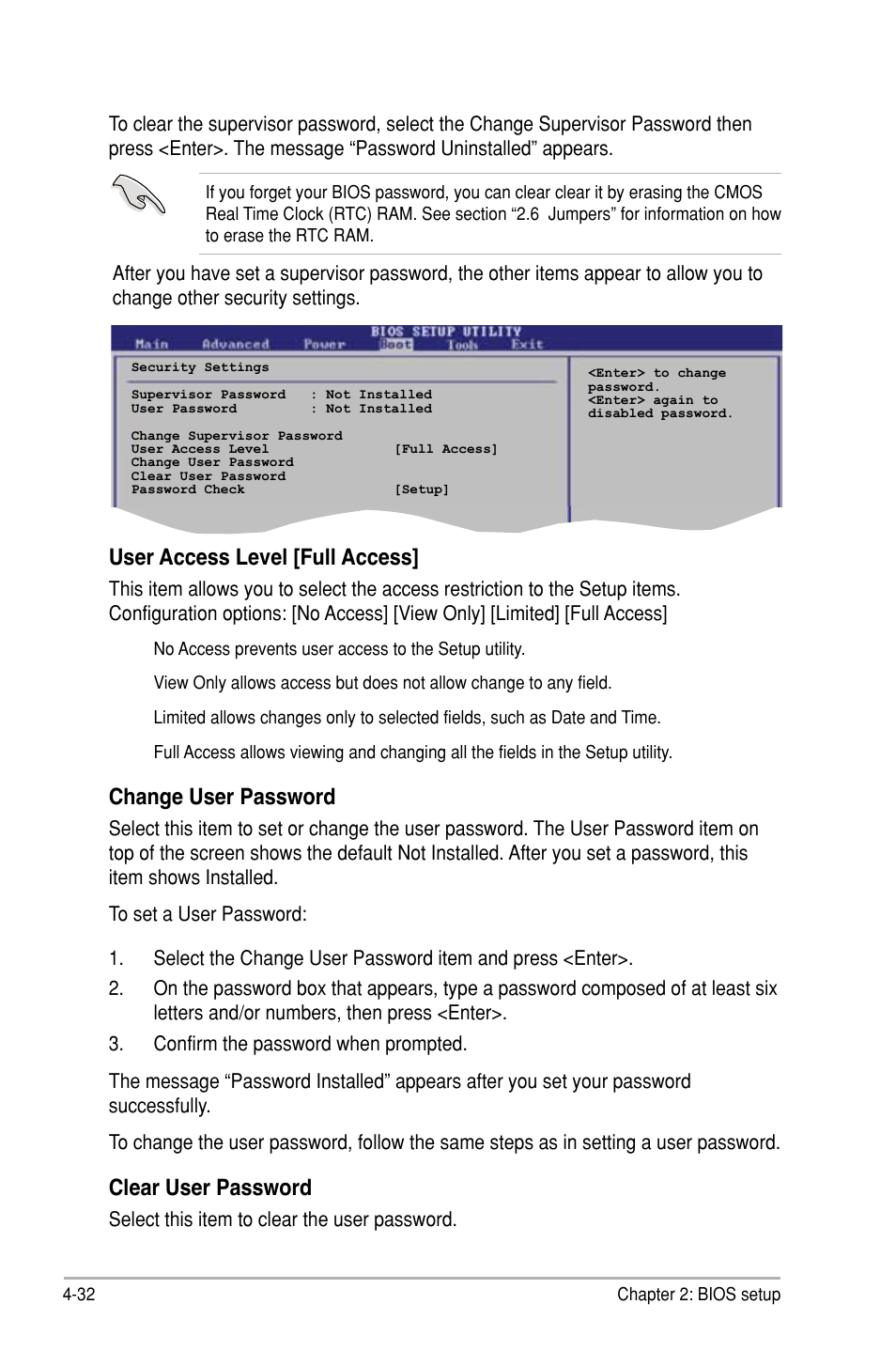 User access level [full access, Change user password, Clear user password | Asus P5B SE User Manual | Page 92 / 136