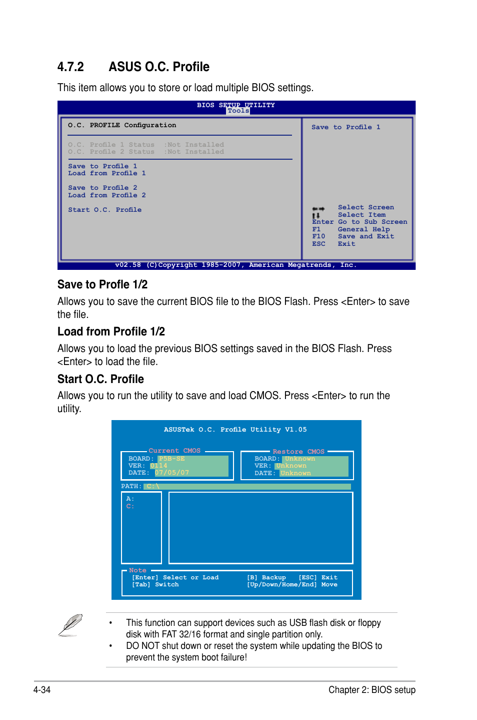 2 asus o.c. profile, Save to profle 1/2, Load from profile 1/2 | Start o.c. profile | Asus P5B SE User Manual | Page 94 / 136