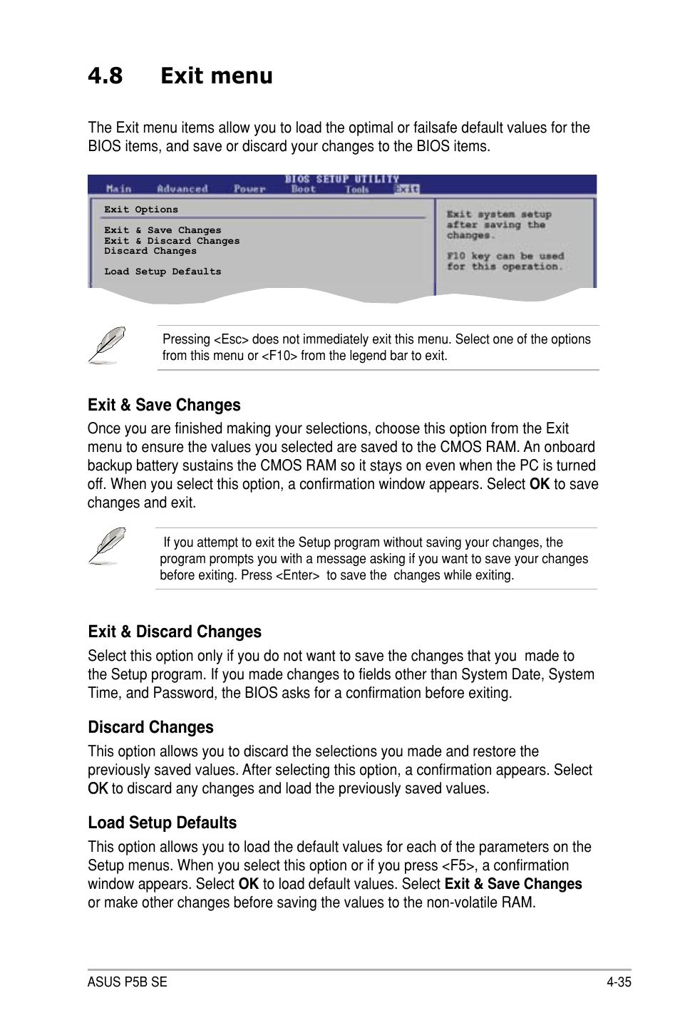 8 exit menu, Exit & discard changes, Discard changes | Load setup defaults, Exit & save changes | Asus P5B SE User Manual | Page 95 / 136