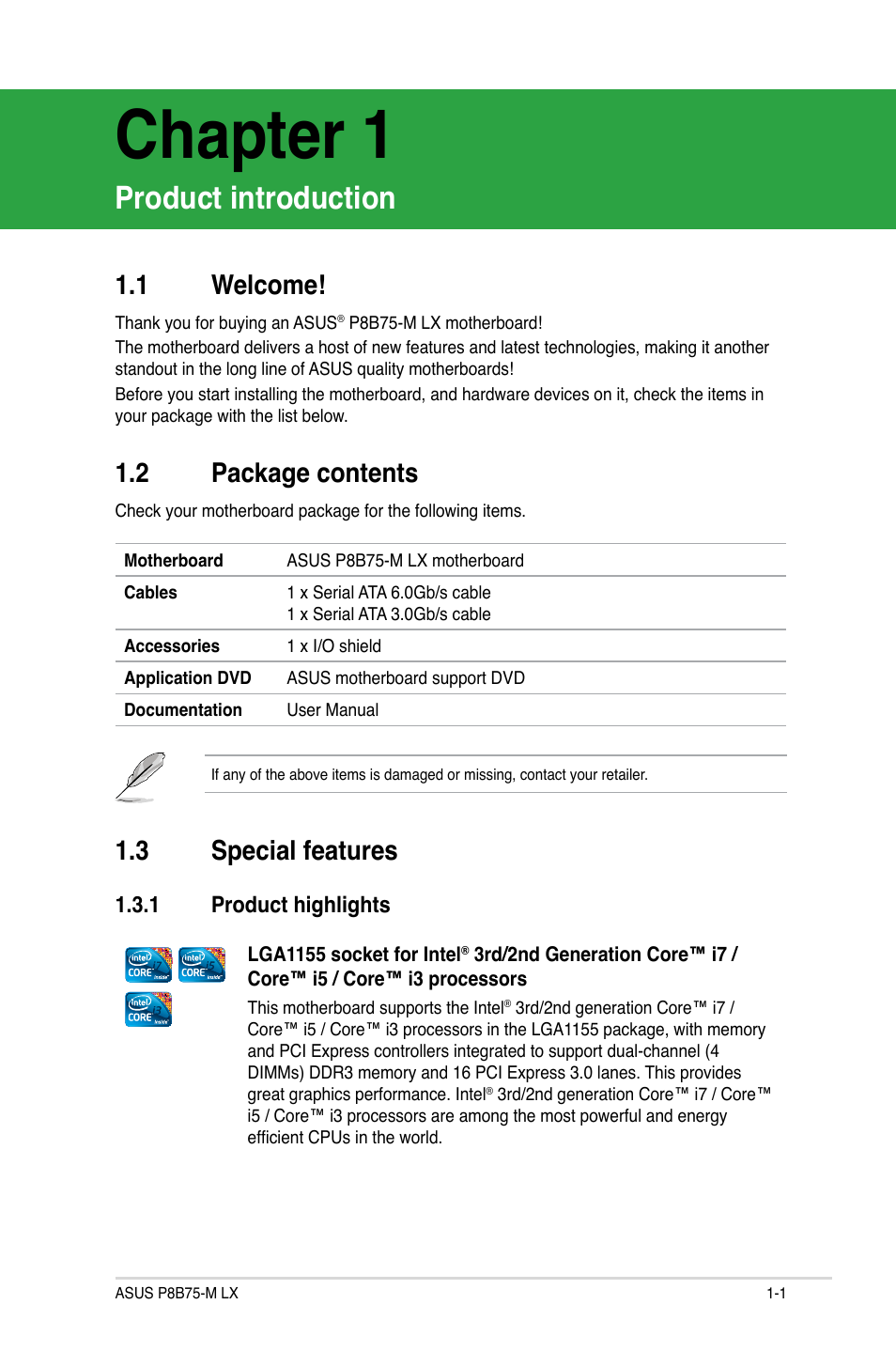 Chapter 1, Product introduction, 1 welcome | 2 package contents, 3 special features, 1 product highlights, Welcome! -1, Package contents -1, Special features -1 1.3.1, Product highlights -1 | Asus P8B75-M LX/TW User Manual | Page 11 / 78