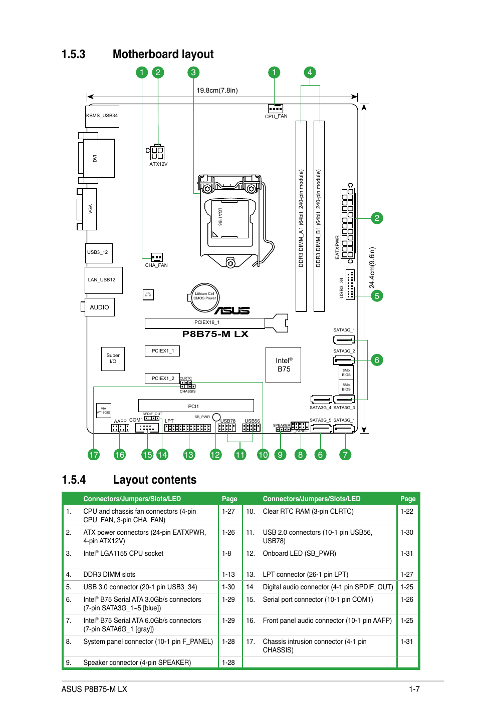 3 motherboard layout, 4 layout contents, Motherboard layout -7 | Layout contents -7, 3 motherboard layout 1.5.4 layout contents, P8b75-m lx | Asus P8B75-M LX/TW User Manual | Page 17 / 78