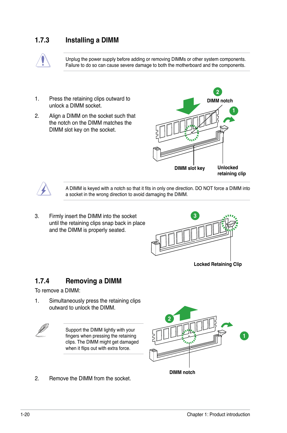 3 installing a dimm, 4 removing a dimm, Installing a dimm -20 | Removing a dimm -20 | Asus P8B75-M LX/TW User Manual | Page 30 / 78