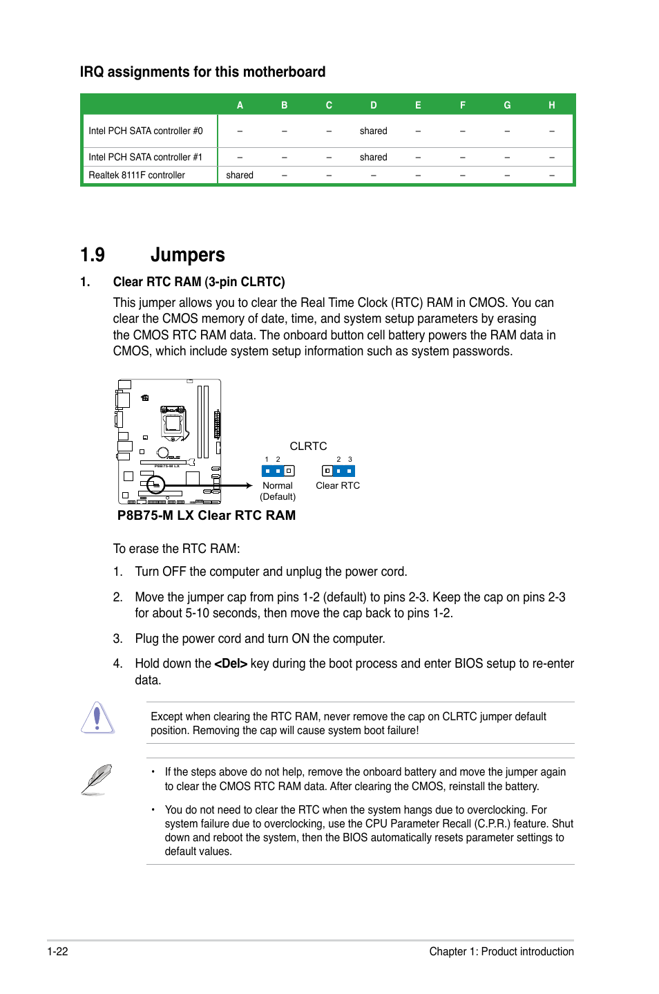 9 jumpers, Jumpers -22, Irq assignments for this motherboard | P8b75-m lx clear rtc ram | Asus P8B75-M LX/TW User Manual | Page 32 / 78
