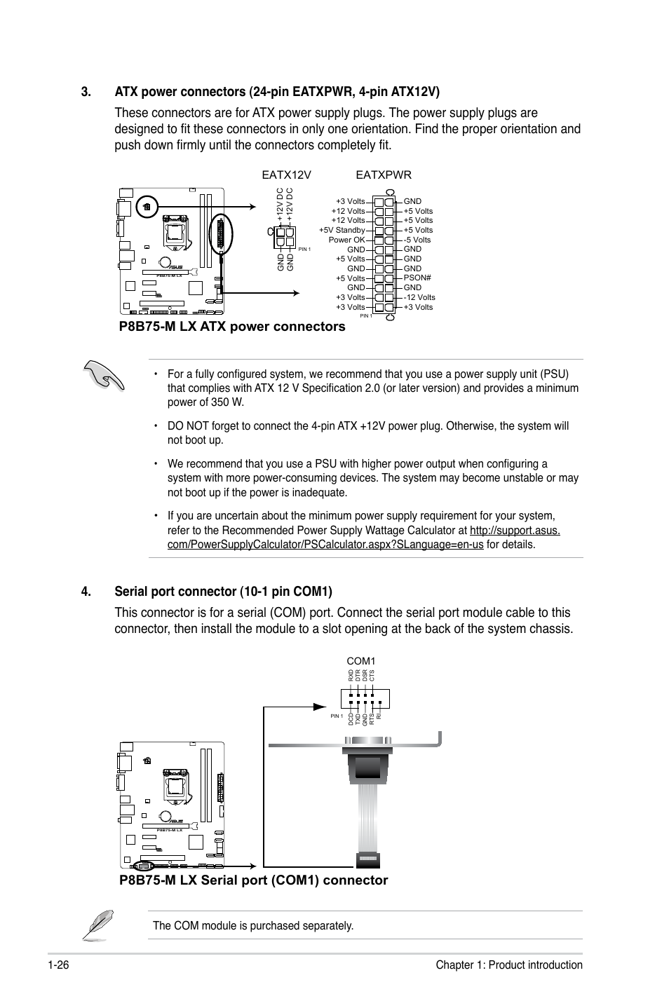P8b75-m lx atx power connectors, P8b75-m lx serial port (com1) connector | Asus P8B75-M LX/TW User Manual | Page 36 / 78