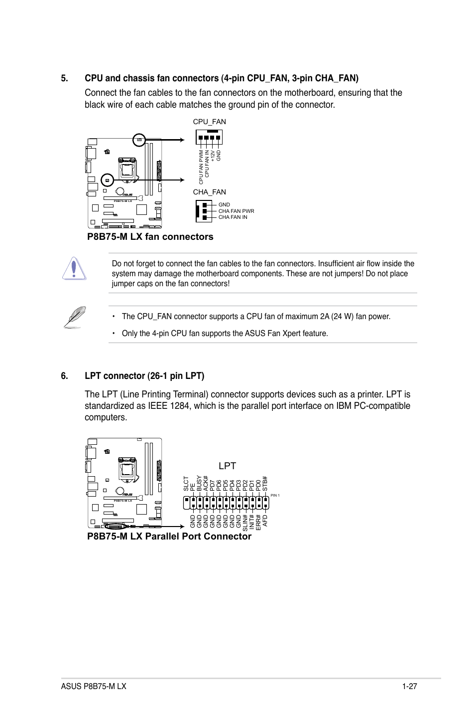 P8b75-m lx fan connectors, P8b75-m lx parallel port connector lpt | Asus P8B75-M LX/TW User Manual | Page 37 / 78