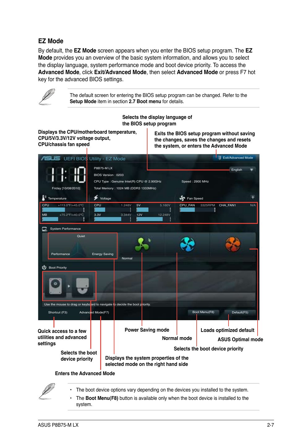 Ez mode, 7 asus p8b75-m lx, Selects the boot device priority | Asus P8B75-M LX/TW User Manual | Page 51 / 78