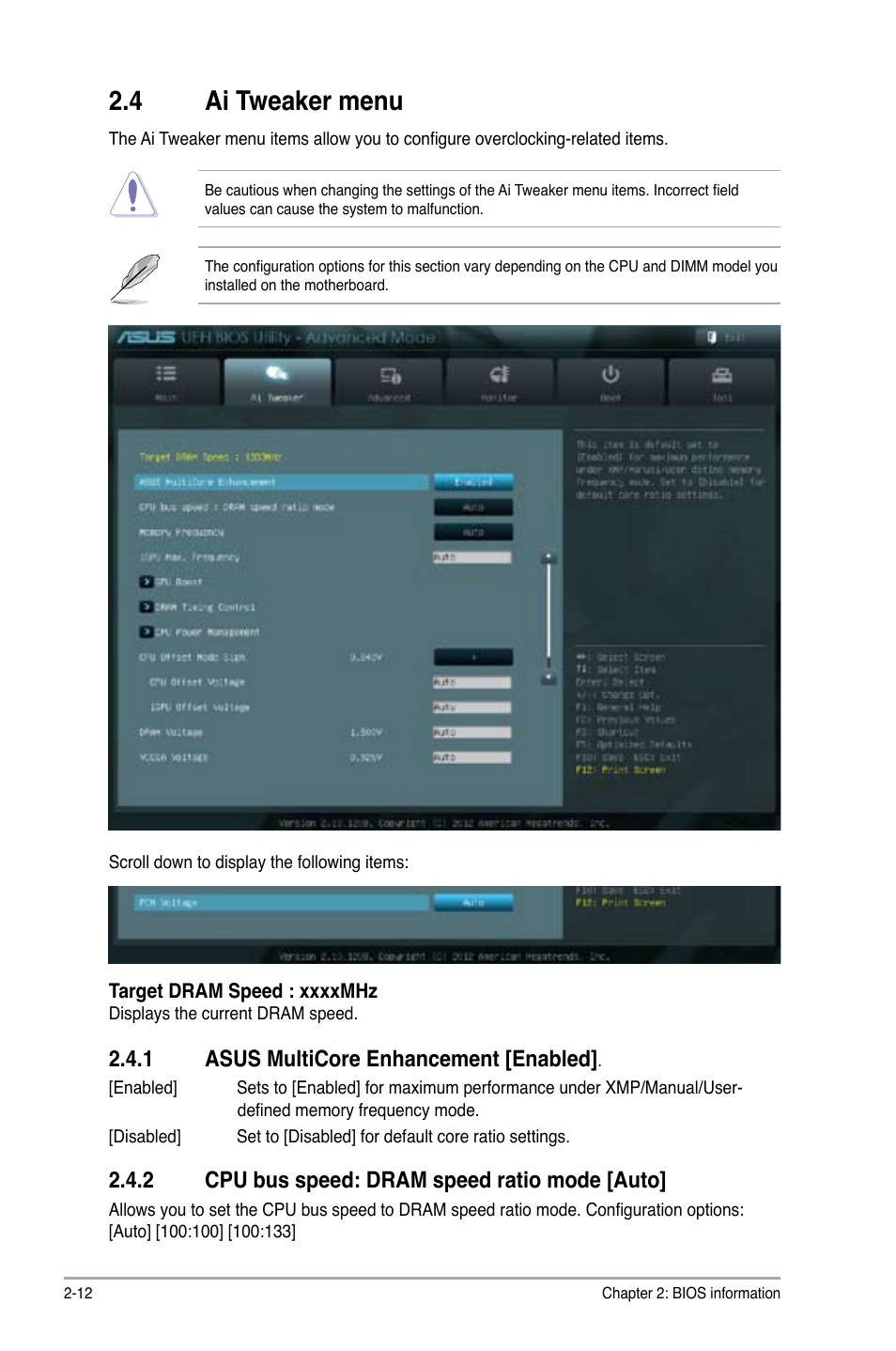 4 ai tweaker menu, 1 asus multicore enhancement [enabled, 2 cpu bus speed: dram speed ratio mode [auto | Ai tweaker menu -12 2.4.1, Asus multicore enhancement [enabled, Cpu bus speed: dram speed ratio mode [auto] -12 | Asus P8B75-M LX/TW User Manual | Page 56 / 78