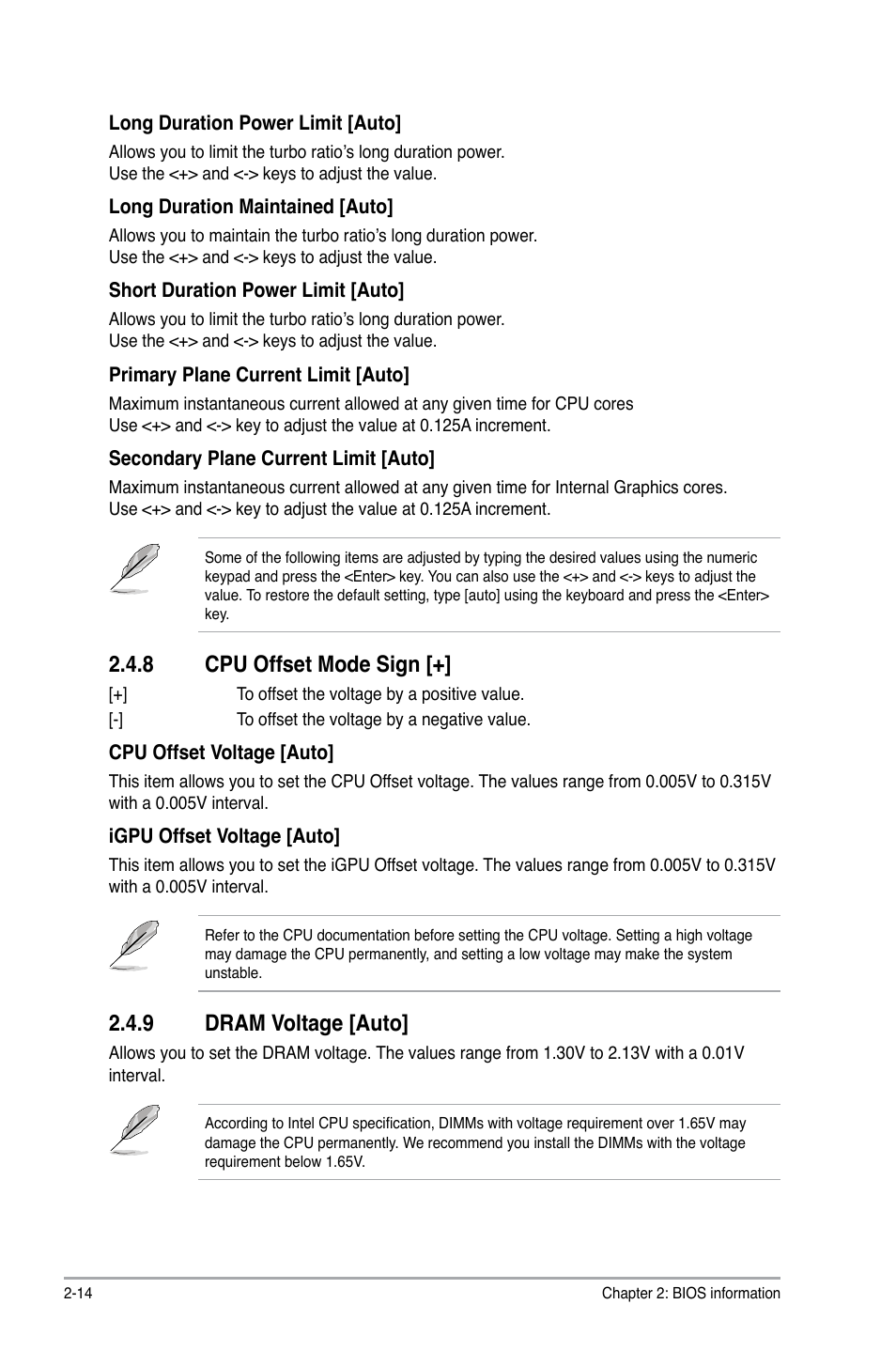 8 cpu offset mode sign, 9 dram voltage [auto, Cpu offset mode sign [+] -14 | Dram voltage [auto] -14 | Asus P8B75-M LX/TW User Manual | Page 58 / 78