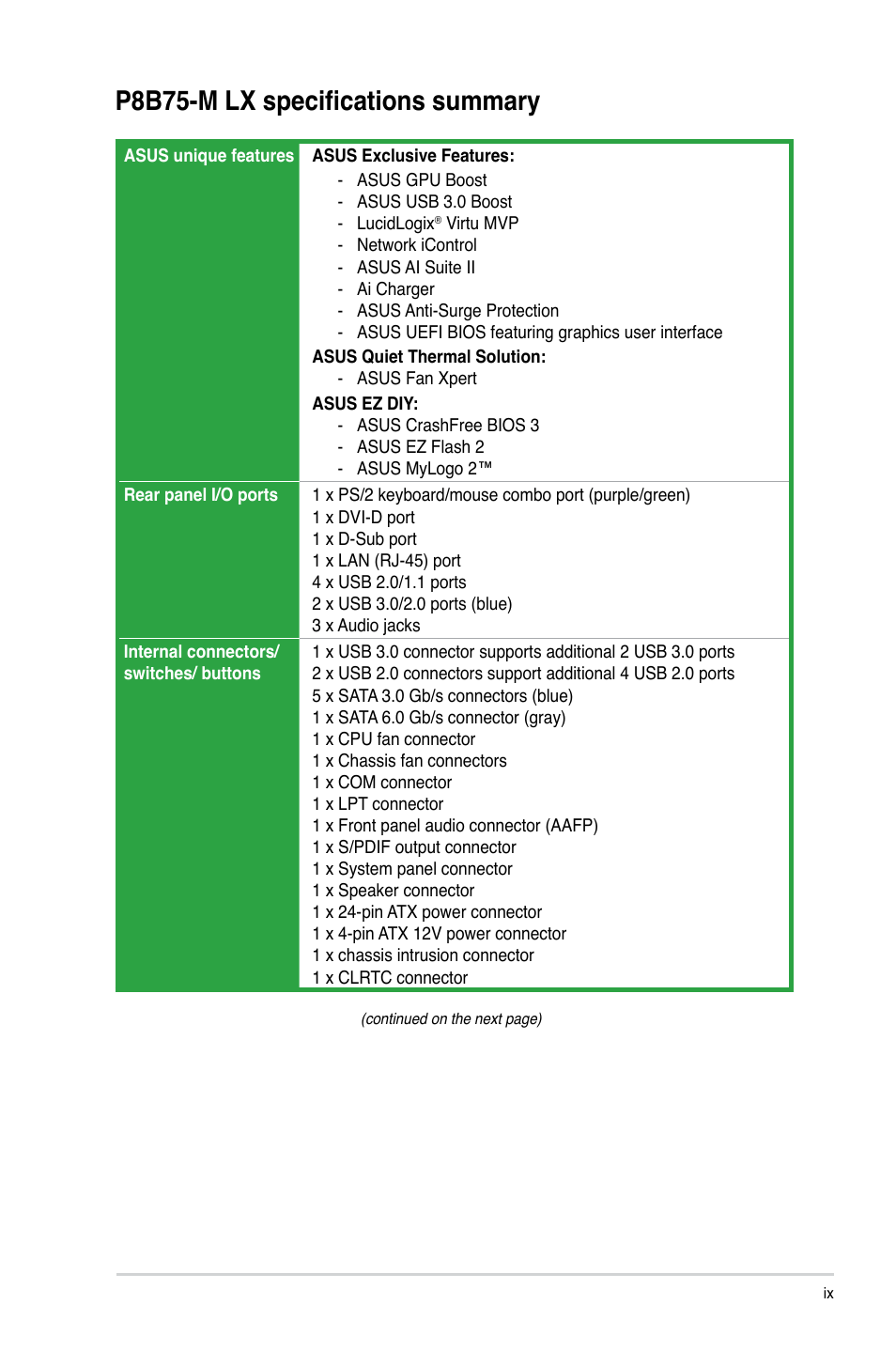 P8b75-m lx specifications summary | Asus P8B75-M LX/TW User Manual | Page 9 / 78