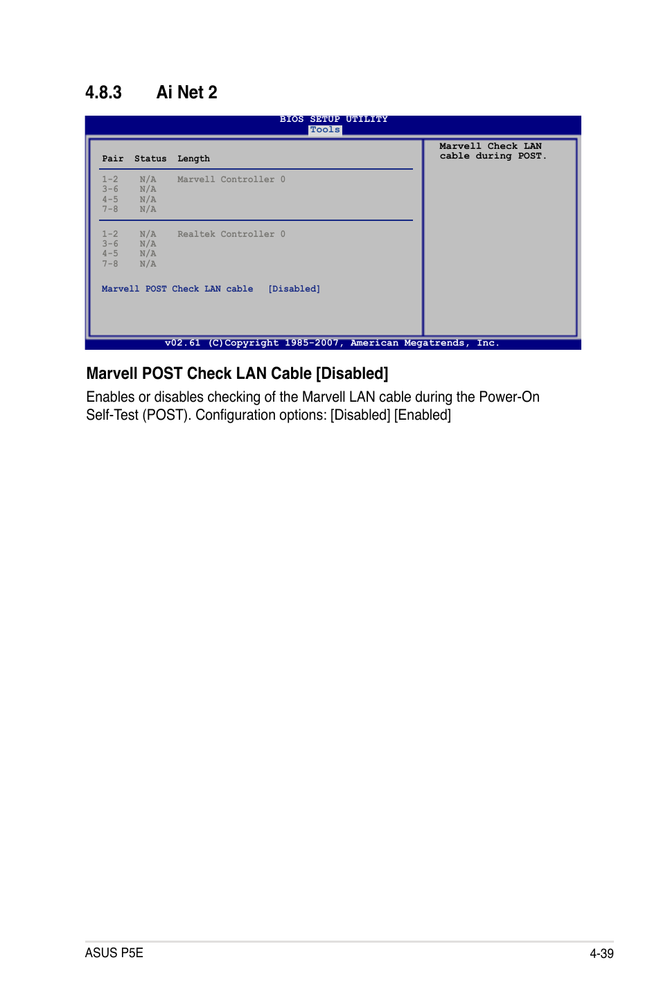 3 ai net 2, Marvell post check lan cable [disabled | Asus P5E User Manual | Page 105 / 174