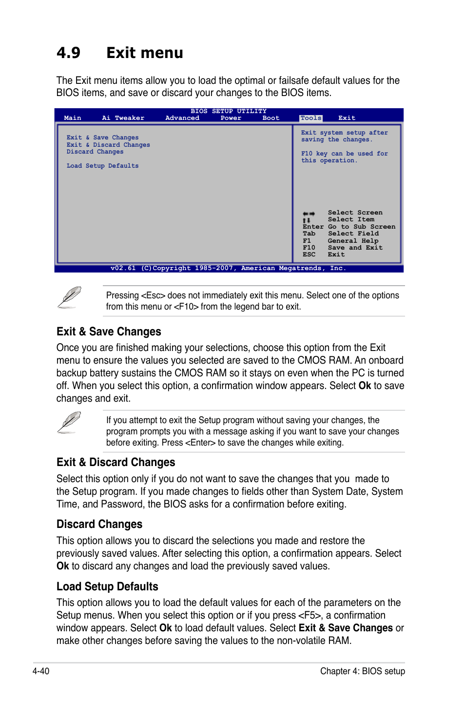 9 exit menu, Exit & save changes, Exit & discard changes | Discard changes, Load setup defaults | Asus P5E User Manual | Page 106 / 174