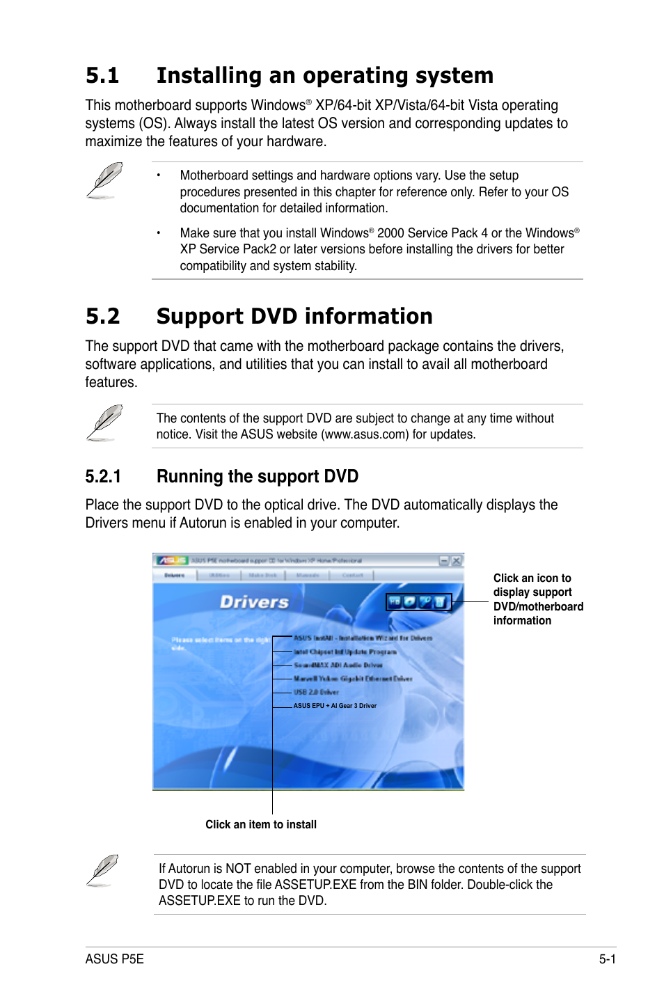 1 installing an operating system, 2 support dvd information, 1 running the support dvd | Asus P5E User Manual | Page 109 / 174