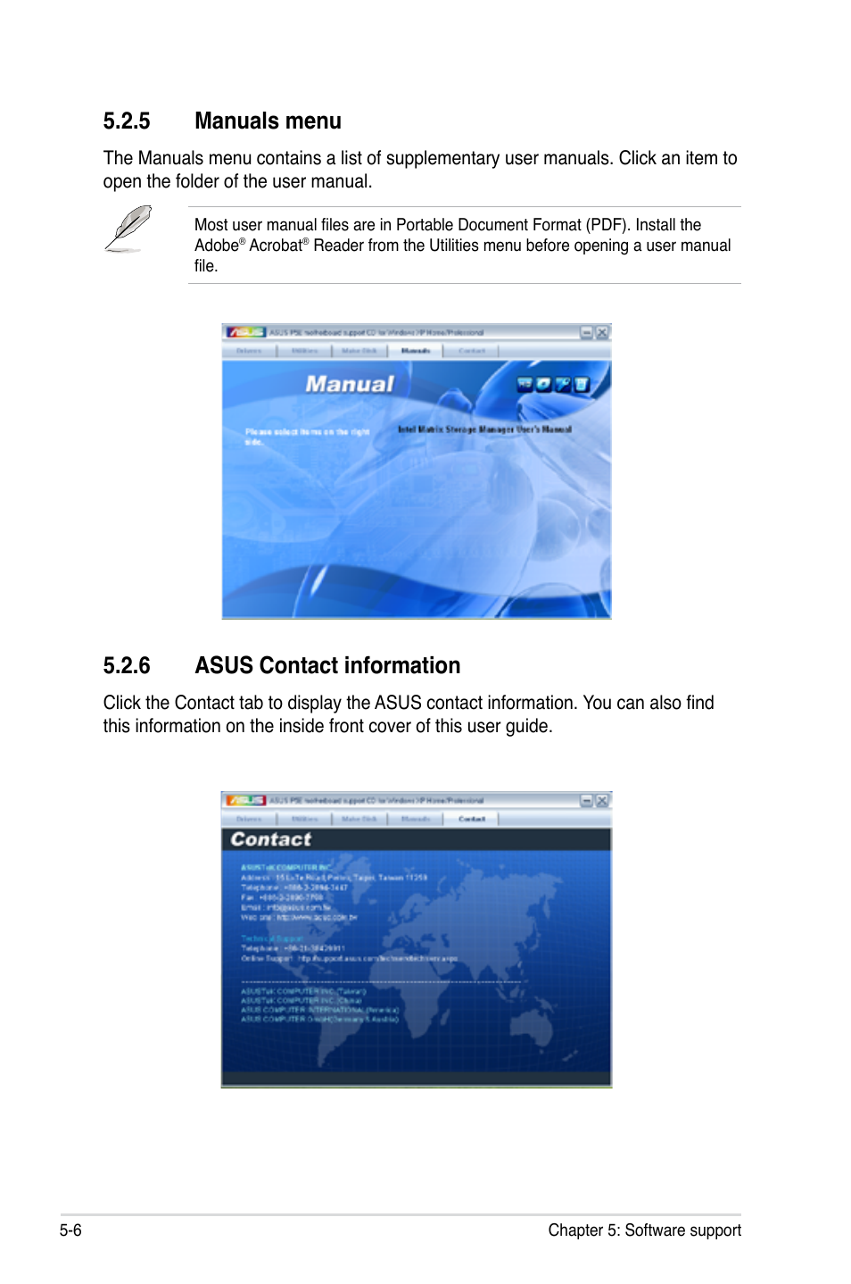 5 manuals menu, 6 asus contact information | Asus P5E User Manual | Page 114 / 174