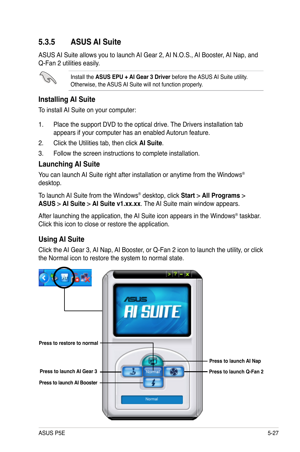 5 asus ai suite, Installing ai suite, Launching ai suite | Using ai suite | Asus P5E User Manual | Page 135 / 174