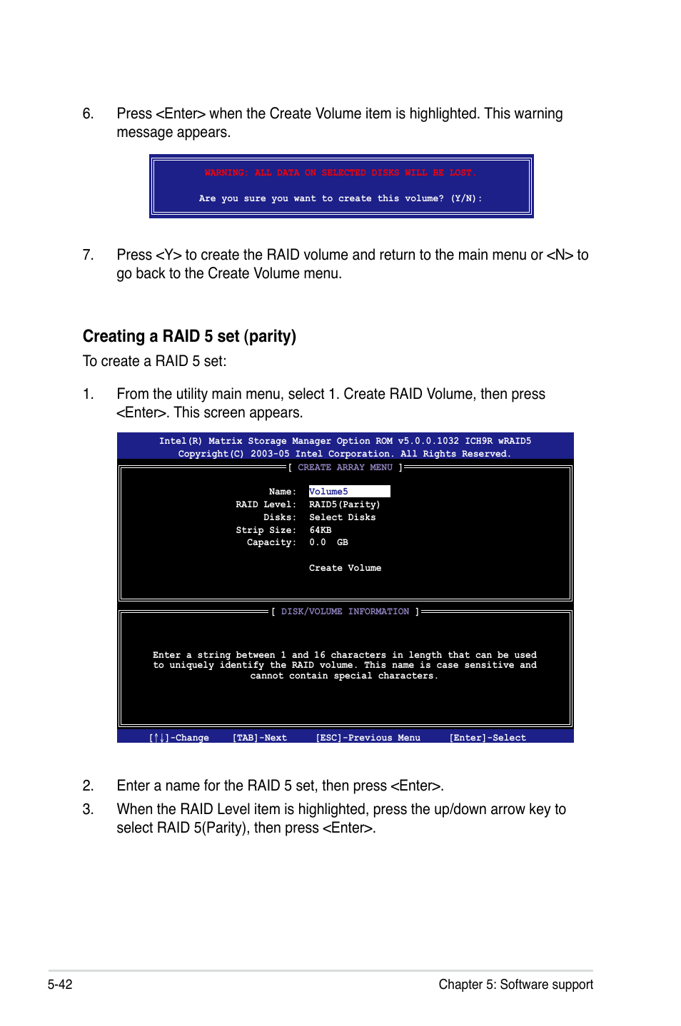 Creating a raid 5 set (parity) | Asus P5E User Manual | Page 150 / 174