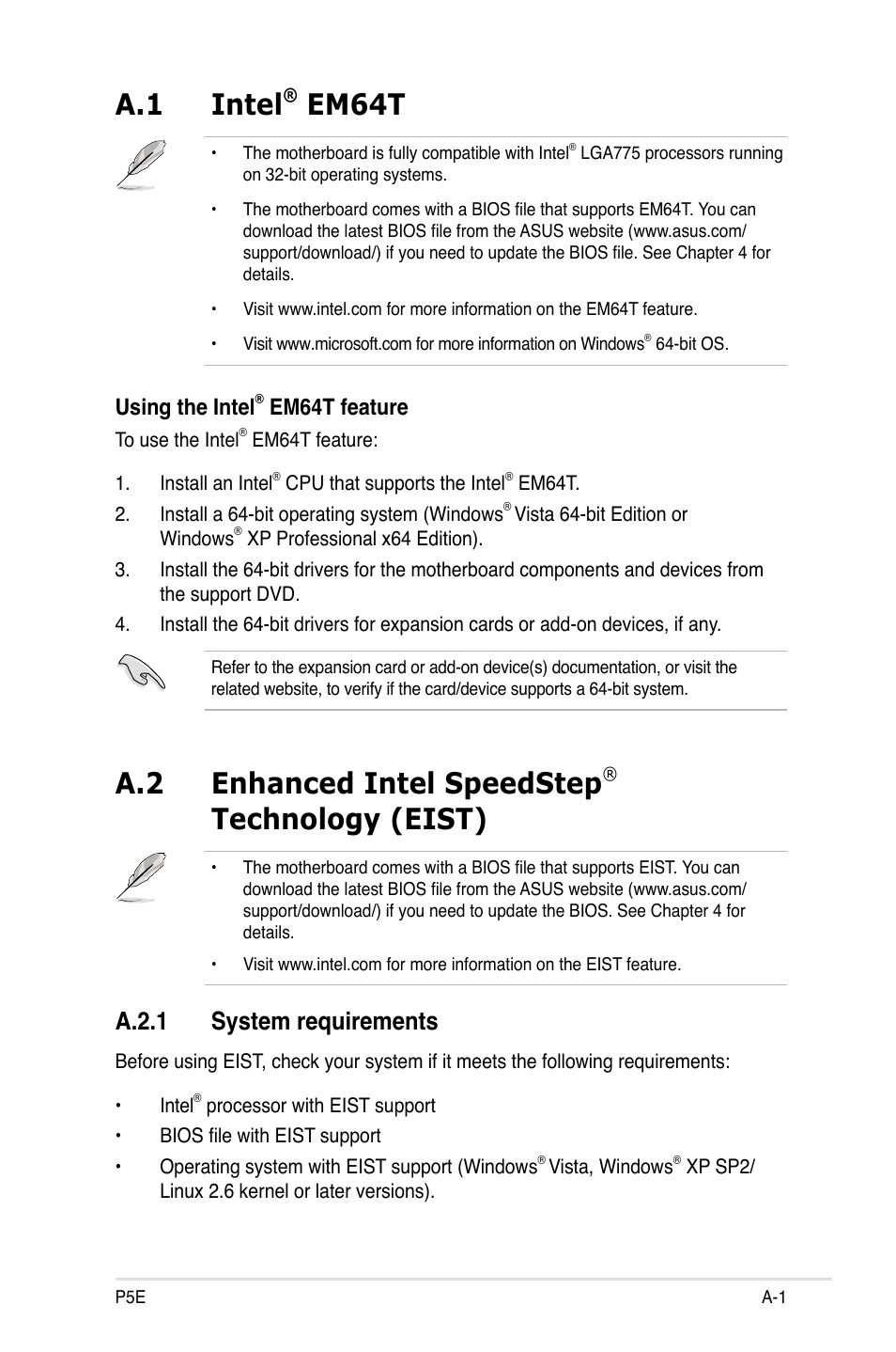 A.1 intel, Em64t, A.2 enhanced intel speedstep | Technology (eist), A.2.1 system requirements, Using the intel, Em64t feature | Asus P5E User Manual | Page 171 / 174