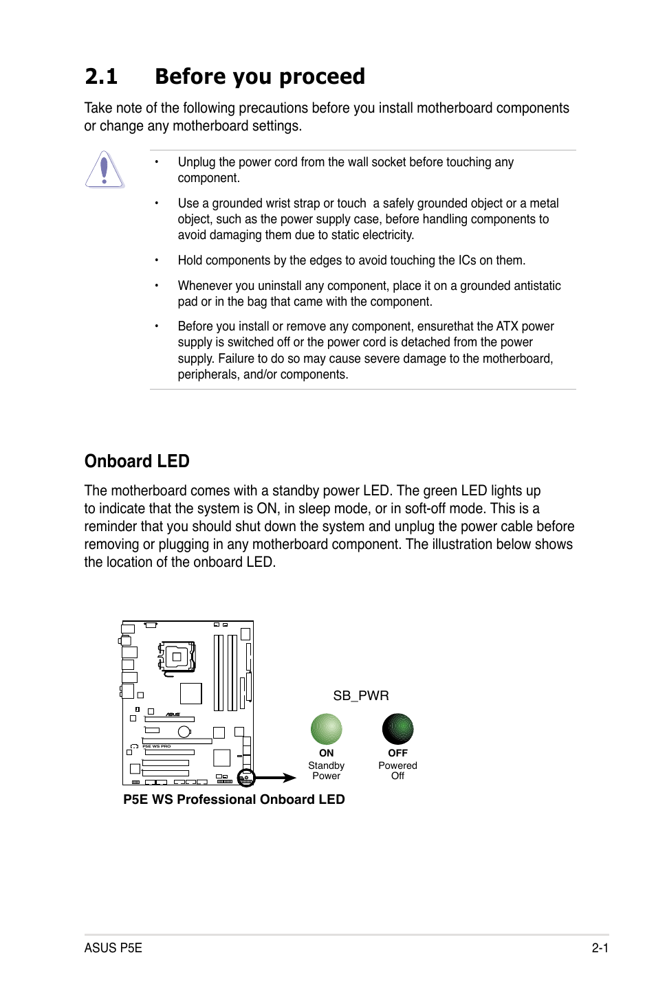 1 before you proceed, Onboard led | Asus P5E User Manual | Page 27 / 174