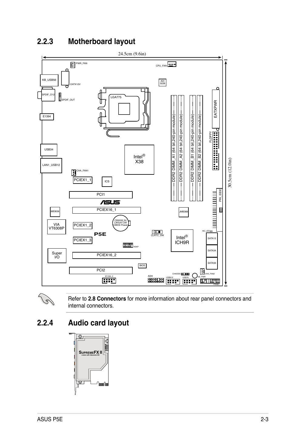 3 motherboard layout, 4 audio card layout, Asus p5e 2-3 | Intel, Ich9r | Asus P5E User Manual | Page 29 / 174