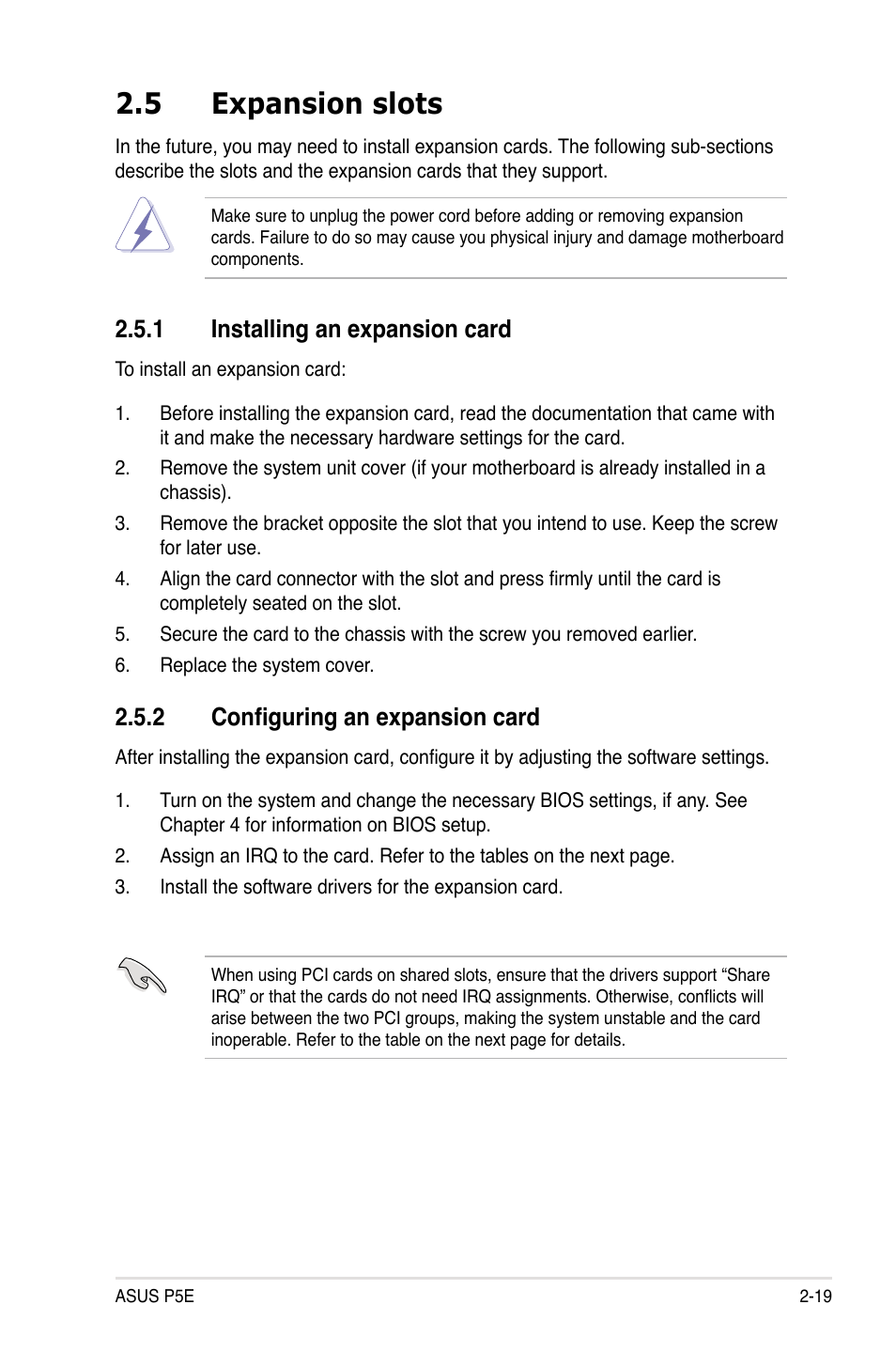 5 expansion slots, 1 installing an expansion card, 2 configuring an expansion card | Asus P5E User Manual | Page 45 / 174